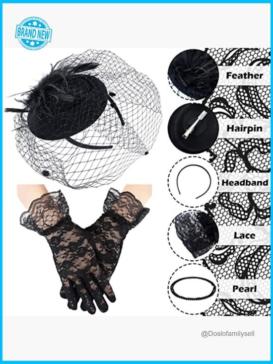 Vintage Fascinator Hat Set with Lace Gloves Necklace Earrings for Tea Wedding main image 5